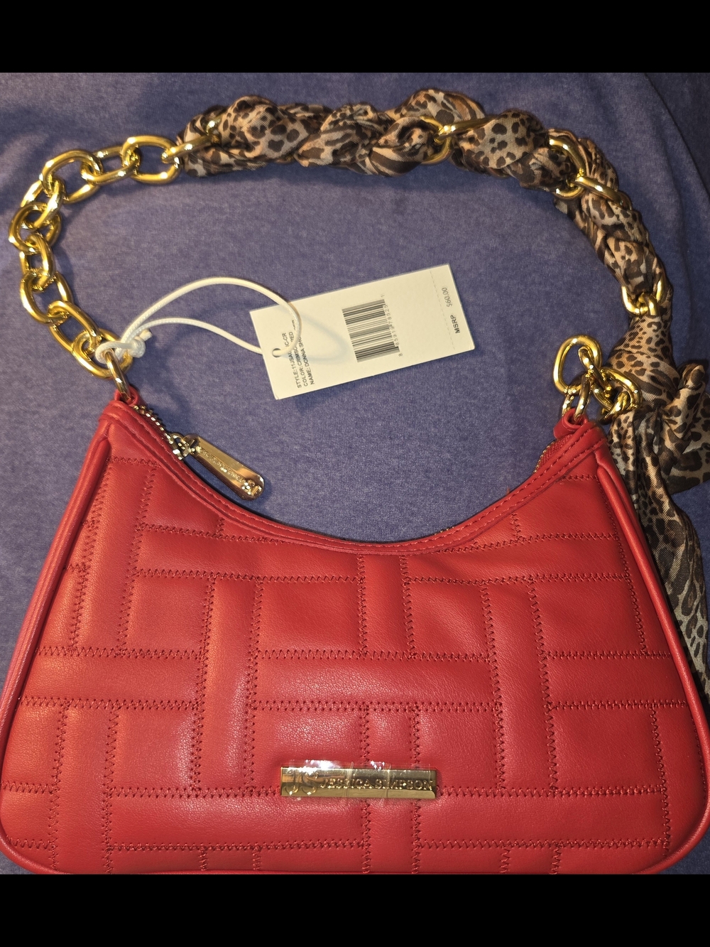 Red Quilted Shoulder Bag with Gold Chain and Leopard Scar - Jessica Simpson